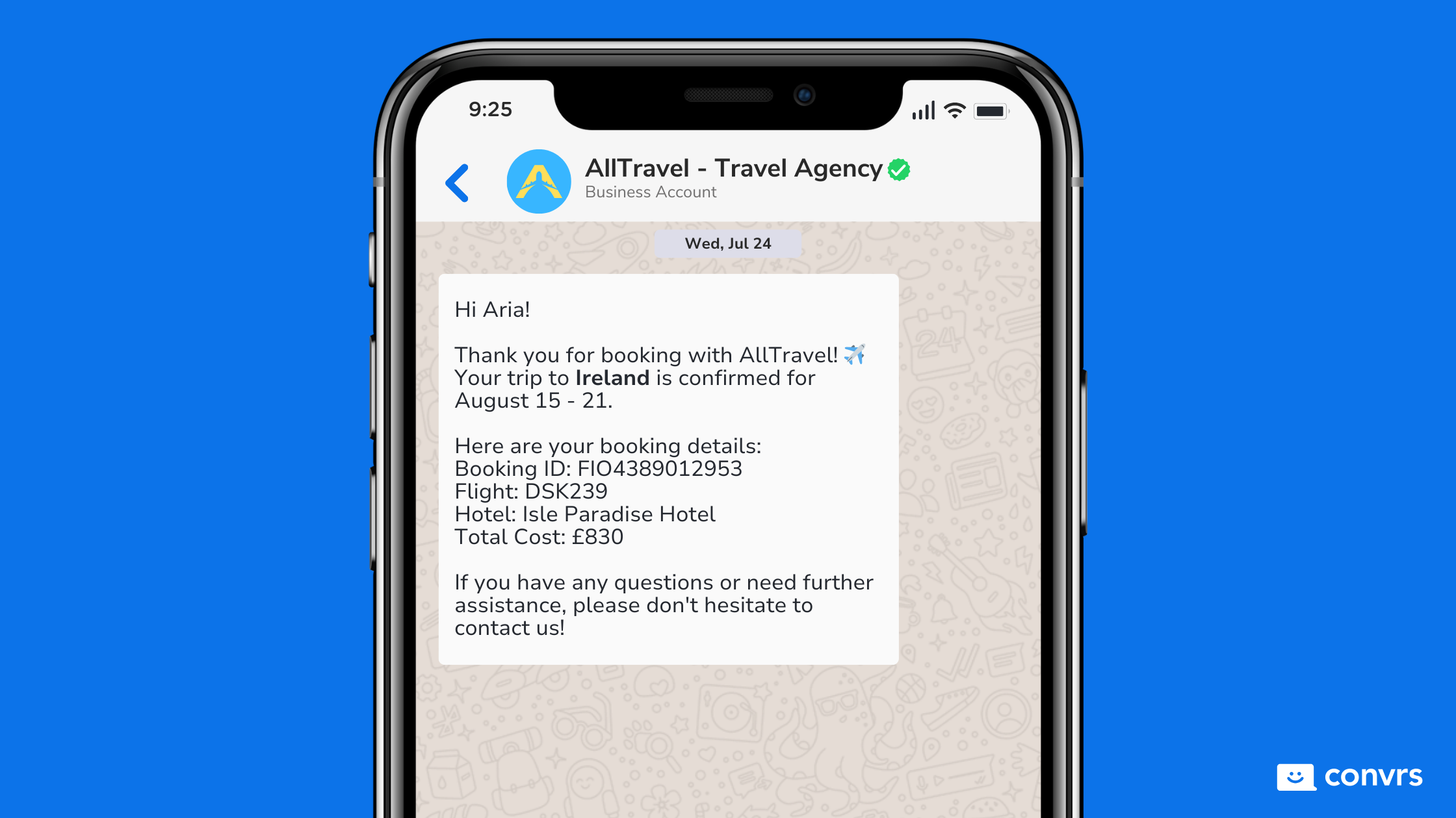 Customer receiving WhatsApp automated message from a travel agency about their booking information